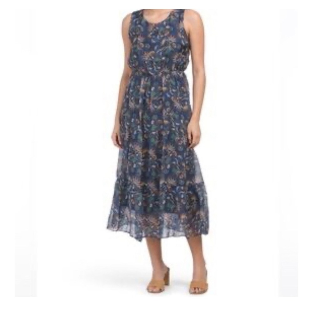 Lara Guidotti Blue Paisley Sleeveless Tiered Maxi Dress Small Elastic Waist Boho